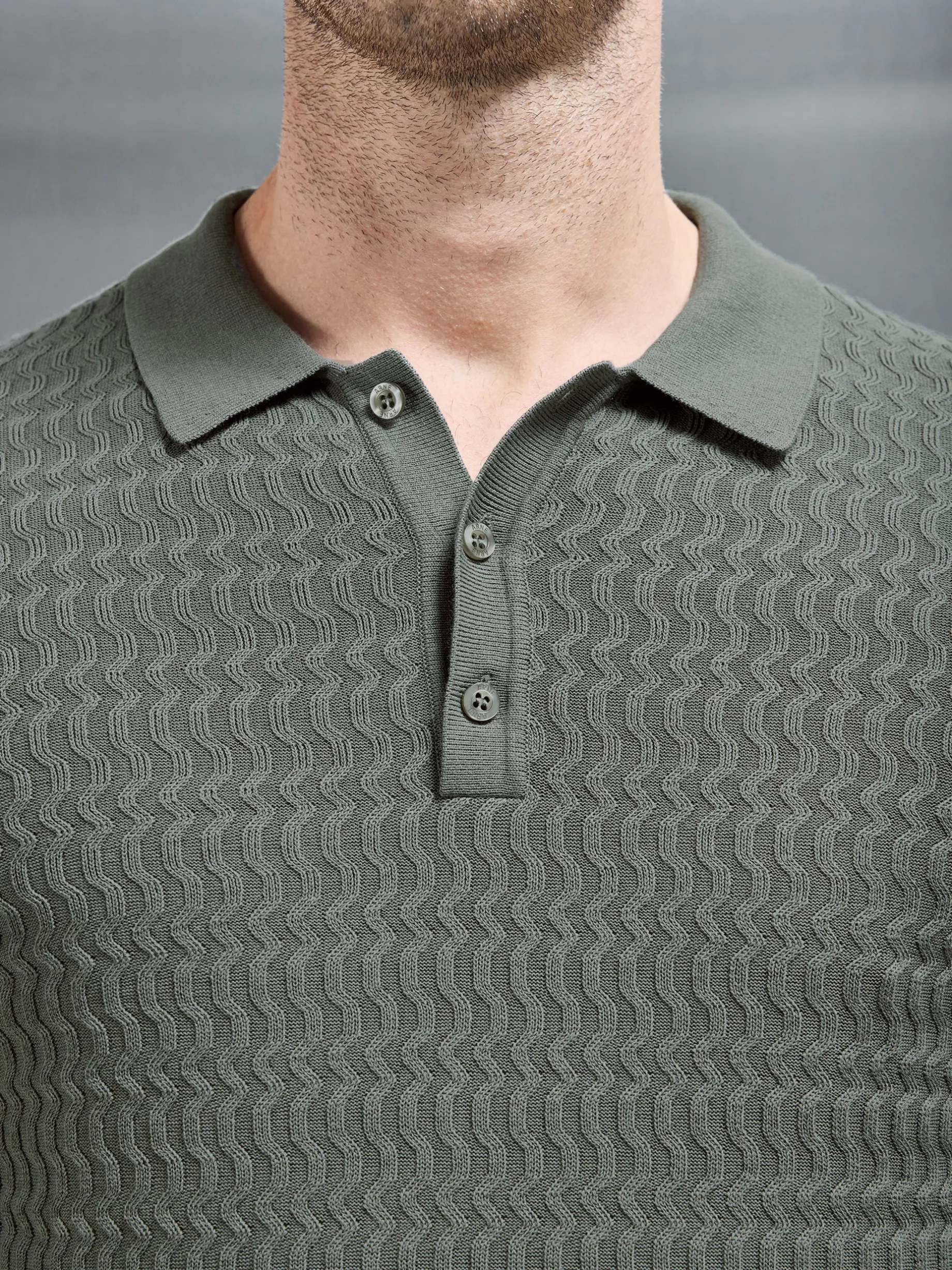 Cotton Knitted Long Sleeve Textured Polo Shirt - Sage