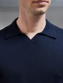 Cotton Knitted Revere Collar Polo Shirt - Navy