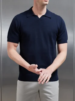 Cotton Knitted Revere Collar Polo Shirt - Navy