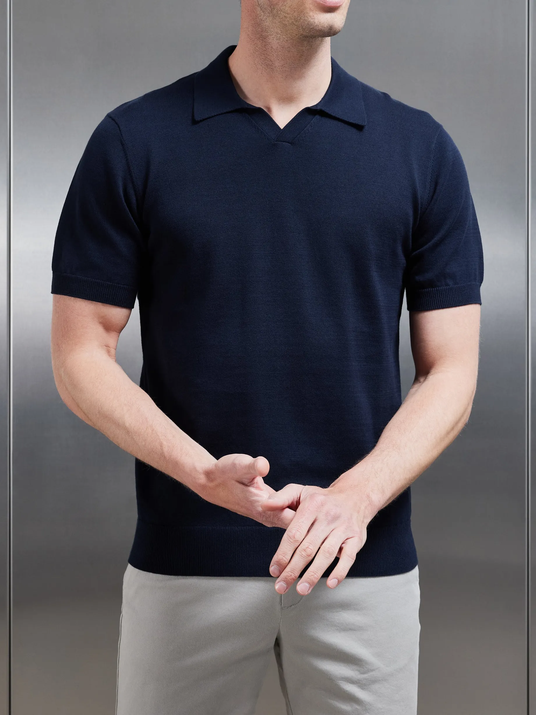 Cotton Knitted Revere Collar Polo Shirt - Navy