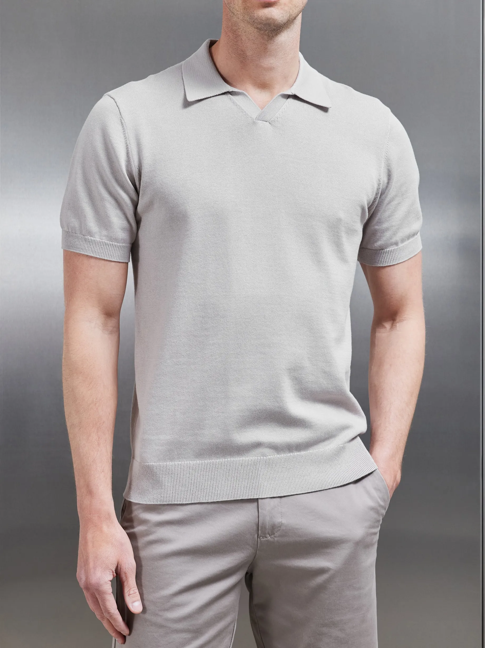 Cotton Knitted Revere Collar Polo Shirt - Stone
