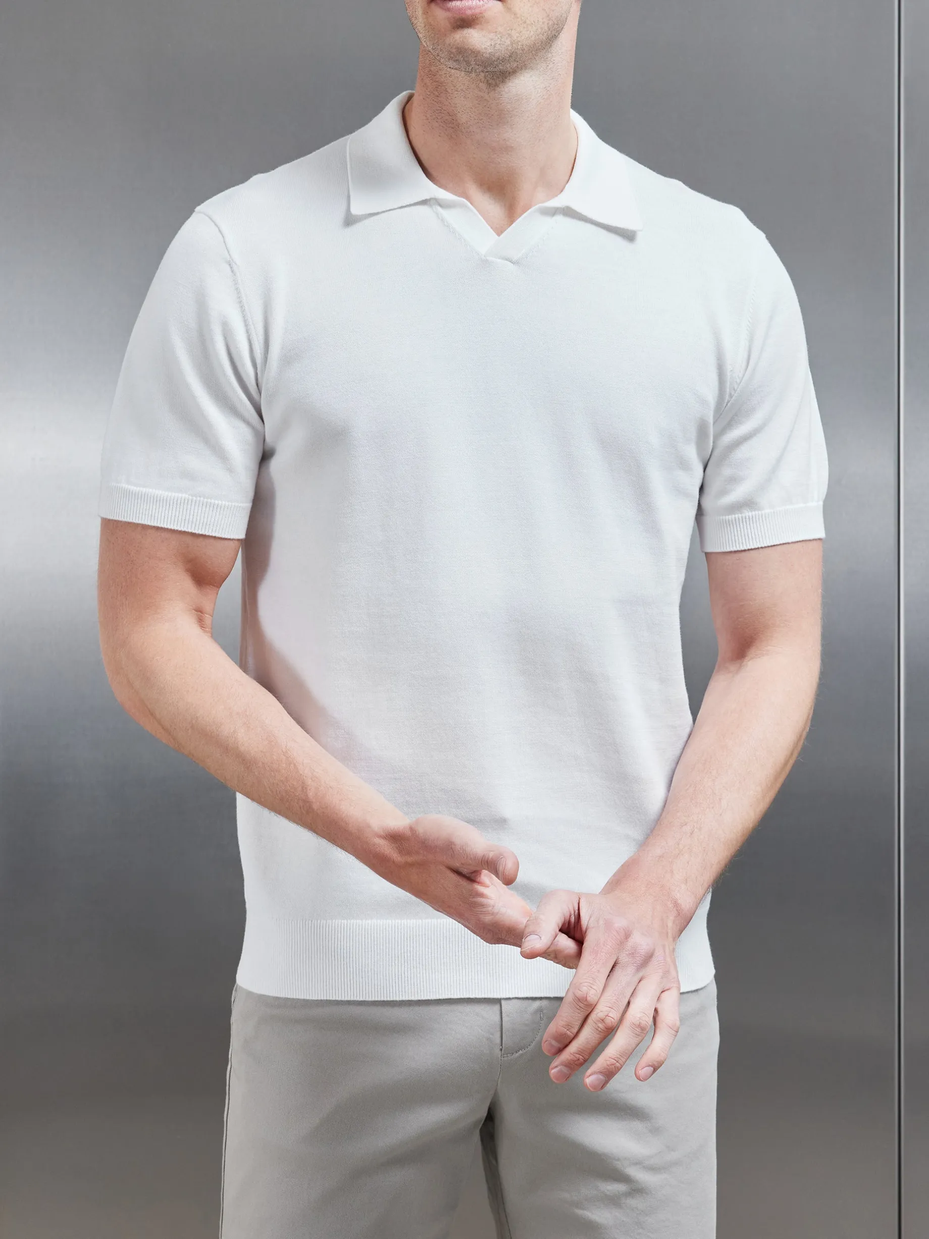 Cotton Knitted Revere Collar Polo Shirt - White