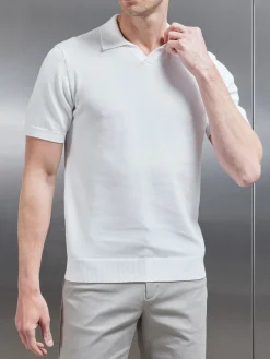 Cotton Knitted Revere Collar Polo Shirt - White