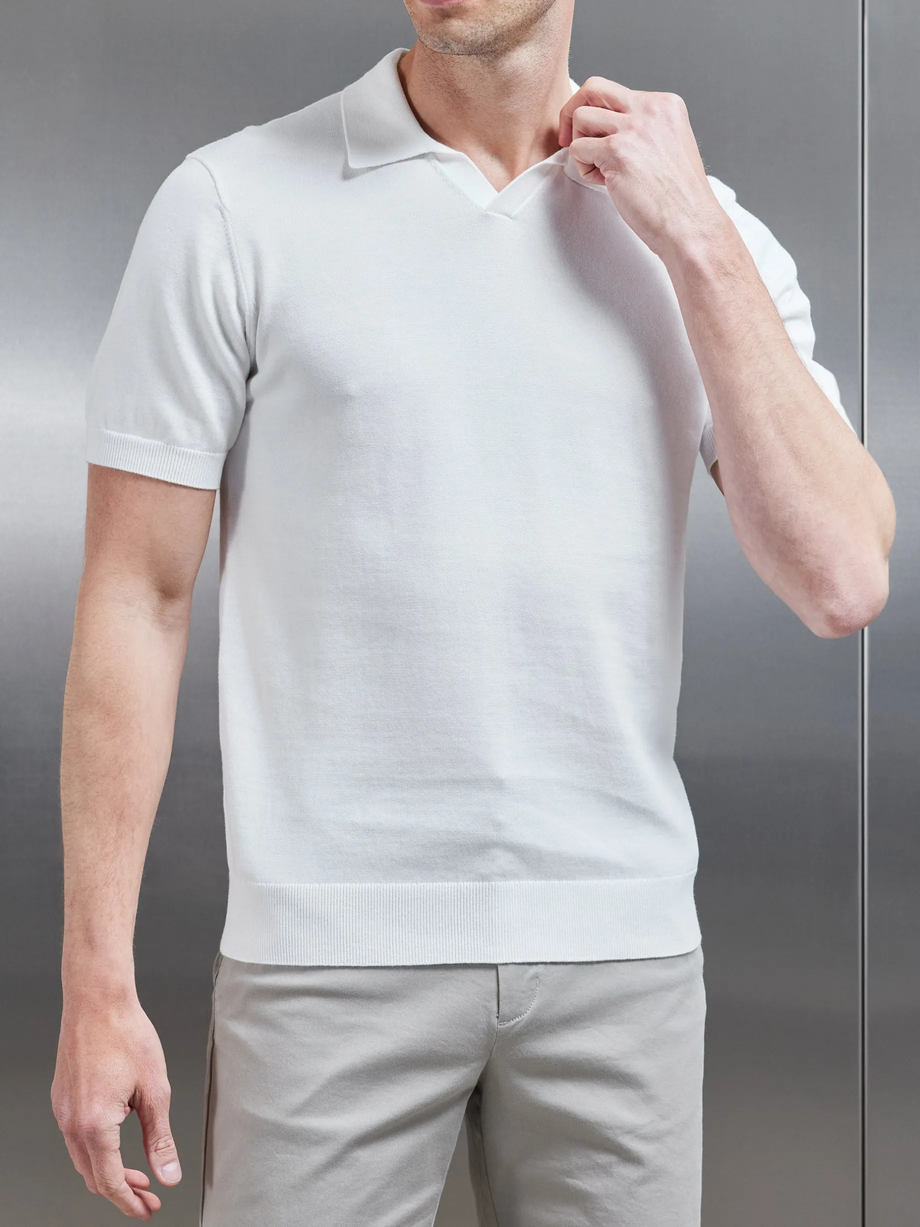 Cotton Knitted Revere Collar Polo Shirt - White
