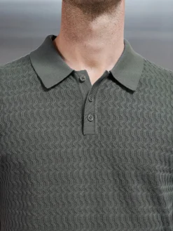 Cotton Knitted Textured Button Polo Shirt - Sage