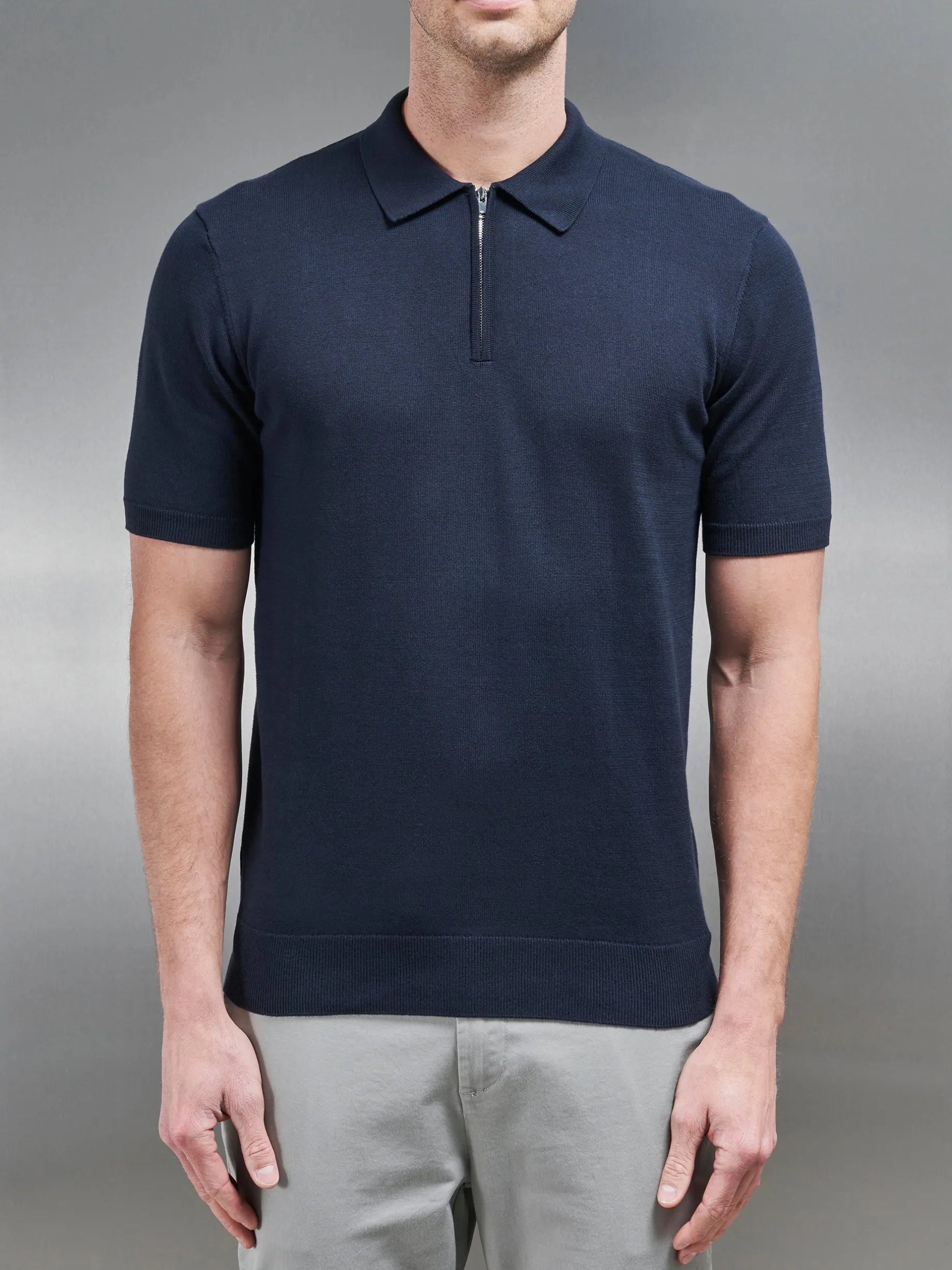 Cotton Knitted Zip Polo Shirt - Navy