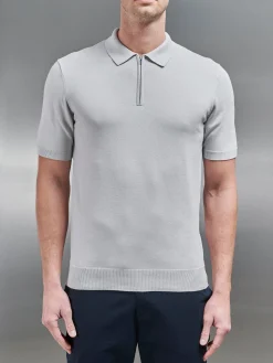Cotton Knitted Zip Polo Shirt - Mid Grey