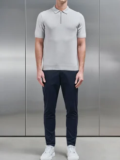 Cotton Knitted Zip Polo Shirt - Mid Grey