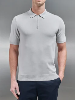 Cotton Knitted Zip Polo Shirt - Mid Grey