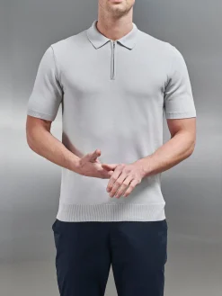 Cotton Knitted Zip Polo Shirt - Mid Grey