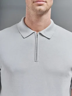 Cotton Knitted Zip Polo Shirt - Mid Grey