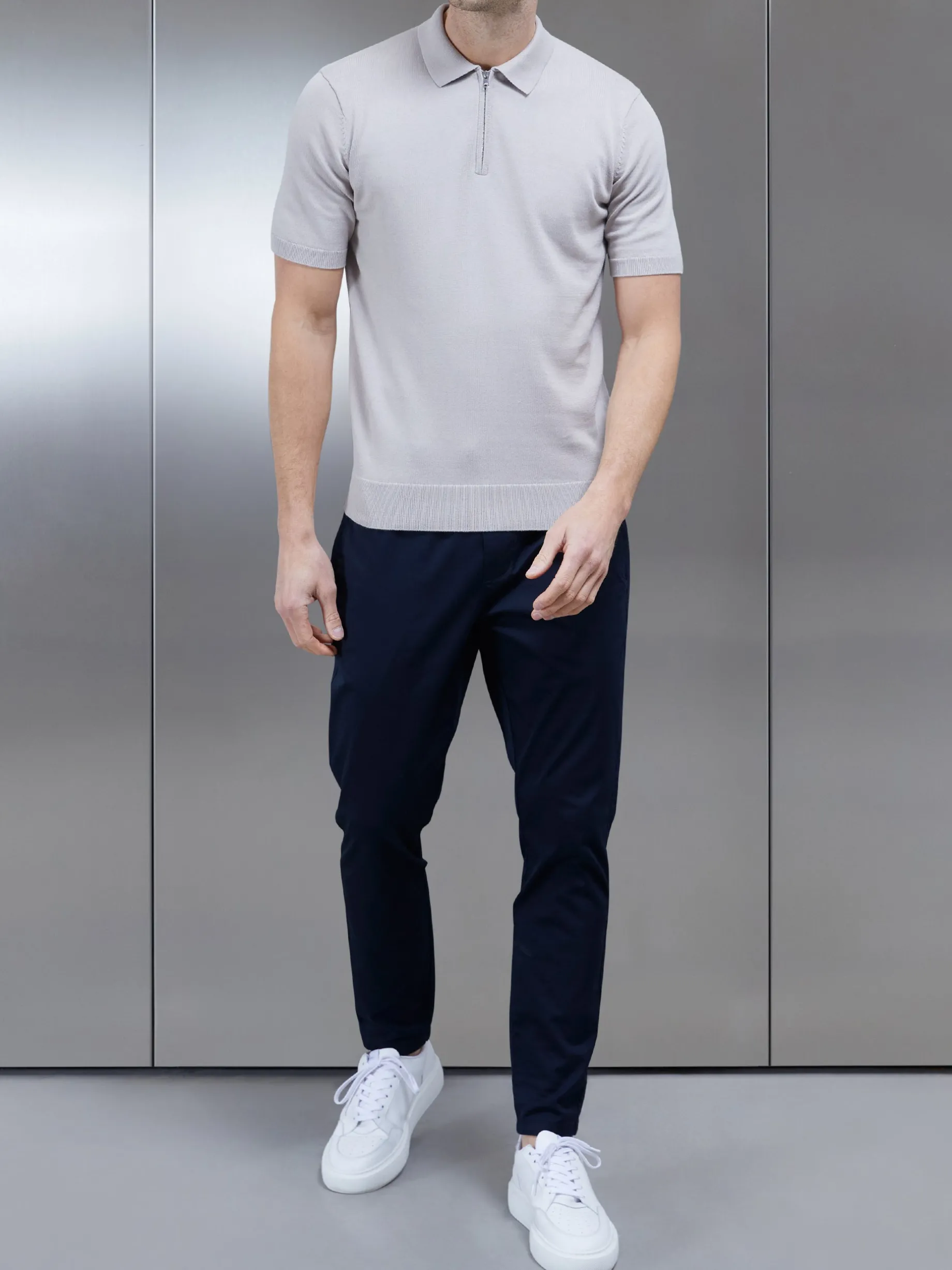 Cotton Knitted Zip Polo Shirt - Stone