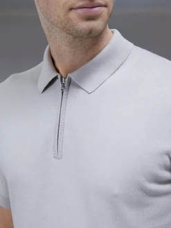 Cotton Knitted Zip Polo Shirt - Stone