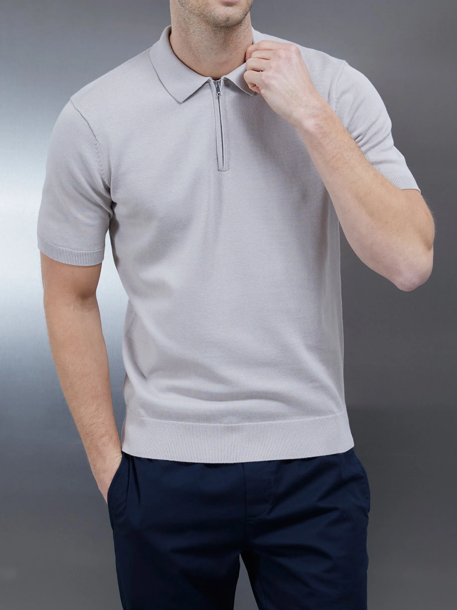 Cotton Knitted Zip Polo Shirt - Stone