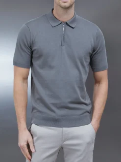 Cotton Knitted Zip Polo Shirt - Sage