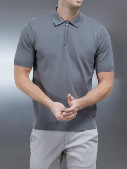 Cotton Knitted Zip Polo Shirt - Sage