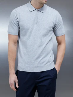 Cotton Knitted Zip Polo Shirt - Marl Grey