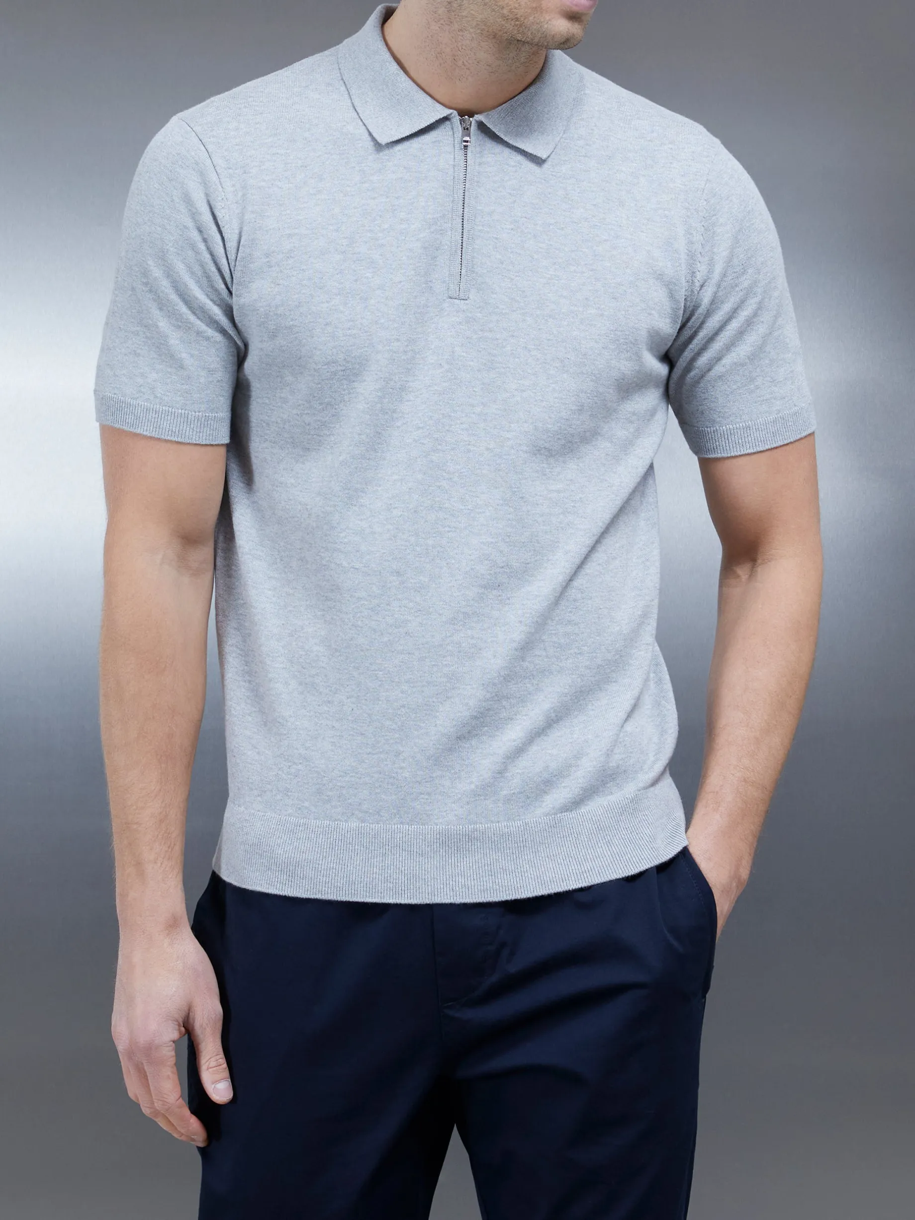Cotton Knitted Zip Polo Shirt - Marl Grey
