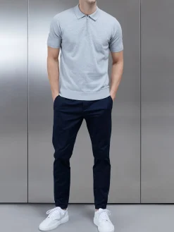 Cotton Knitted Zip Polo Shirt - Marl Grey