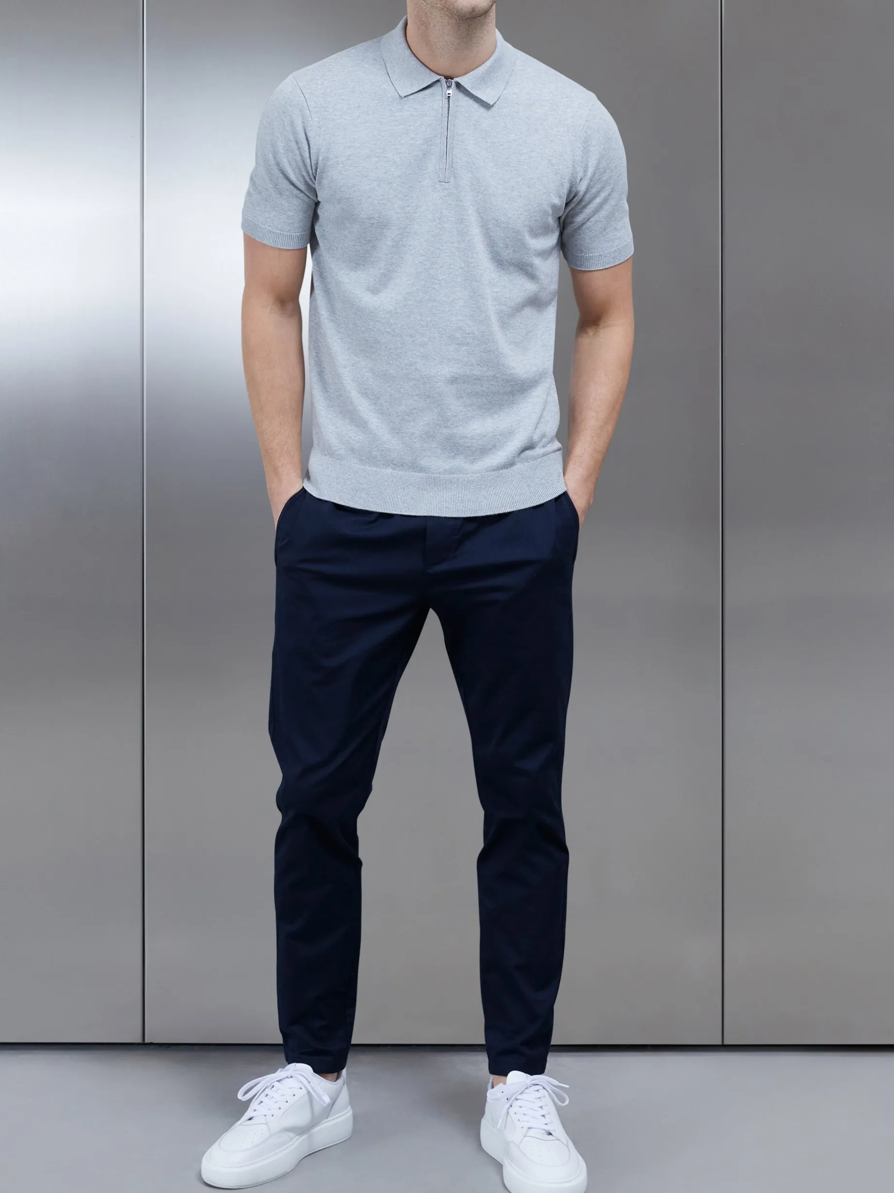 Cotton Knitted Zip Polo Shirt - Marl Grey