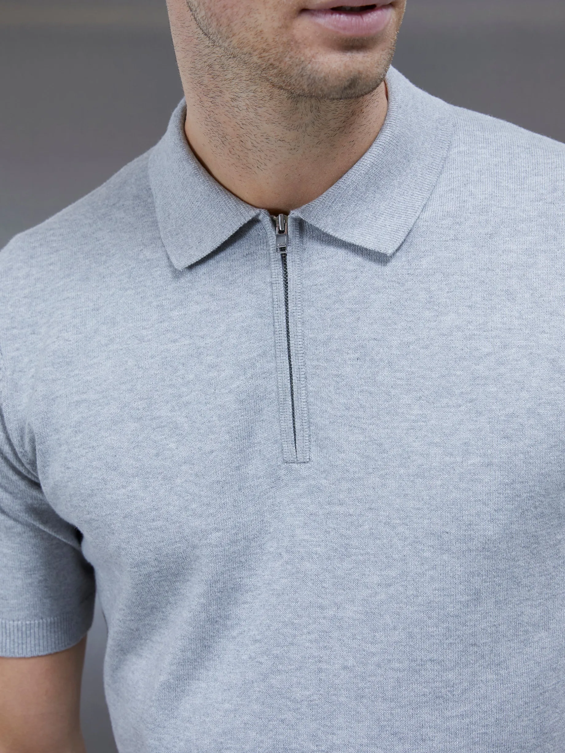 Cotton Knitted Zip Polo Shirt - Marl Grey