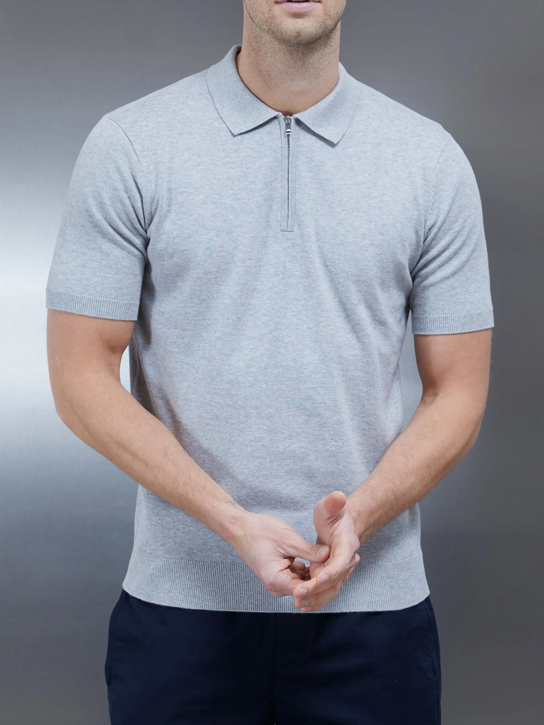 Cotton Knitted Zip Polo Shirt - Marl Grey