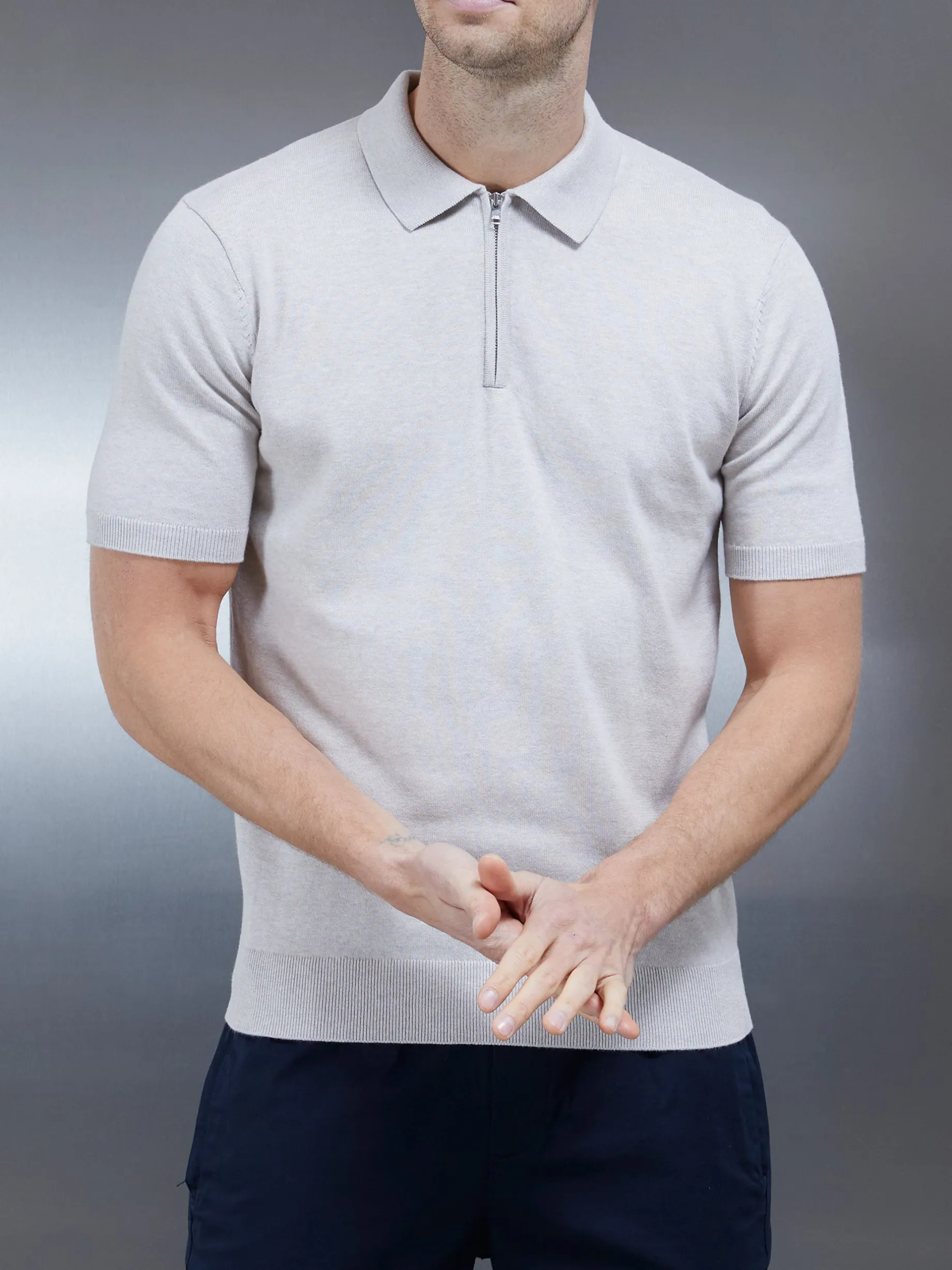 Cotton Knitted Zip Polo Shirt - Oatmeal
