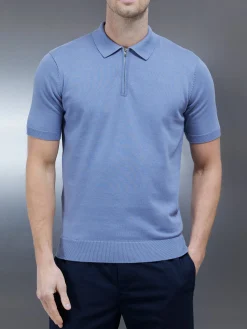 Cotton Knitted Zip Polo Shirt - Silk Blue