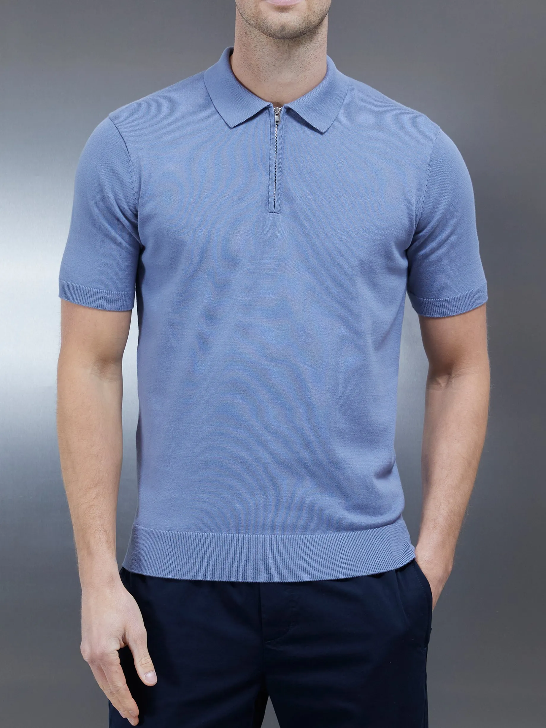 Cotton Knitted Zip Polo Shirt - Silk Blue
