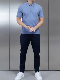 Cotton Knitted Zip Polo Shirt - Silk Blue