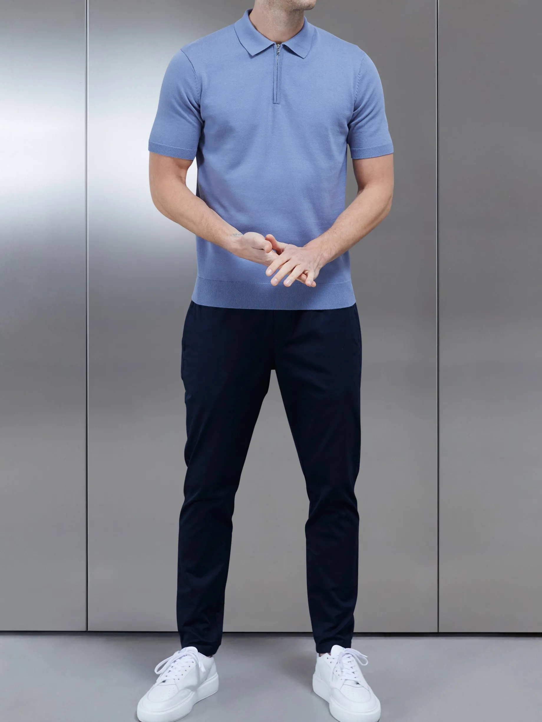 Cotton Knitted Zip Polo Shirt - Silk Blue