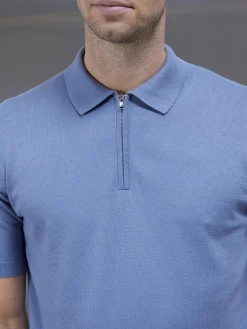 Cotton Knitted Zip Polo Shirt - Silk Blue