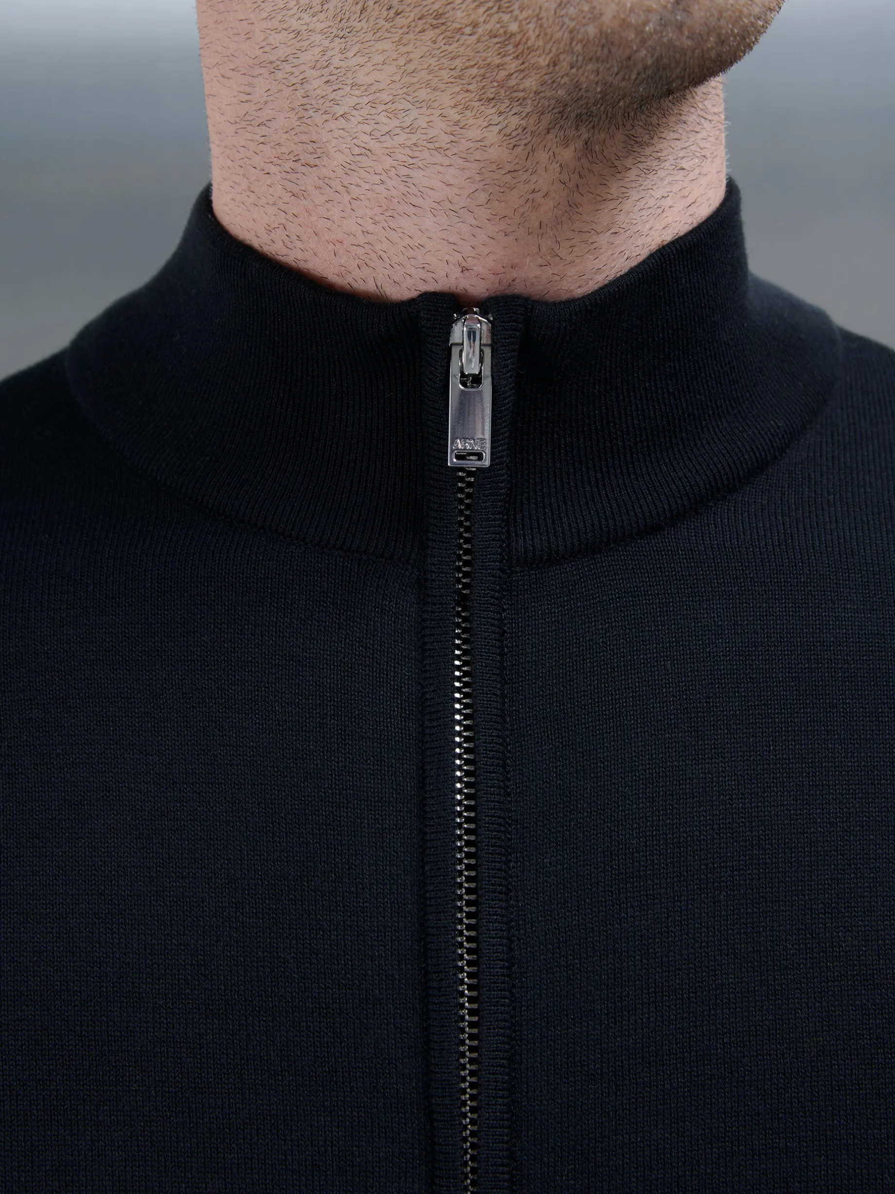 Cotton Knitted Zip Through Jacket - Black