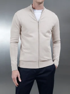Cotton Knitted Zip Through Jacket - Stone