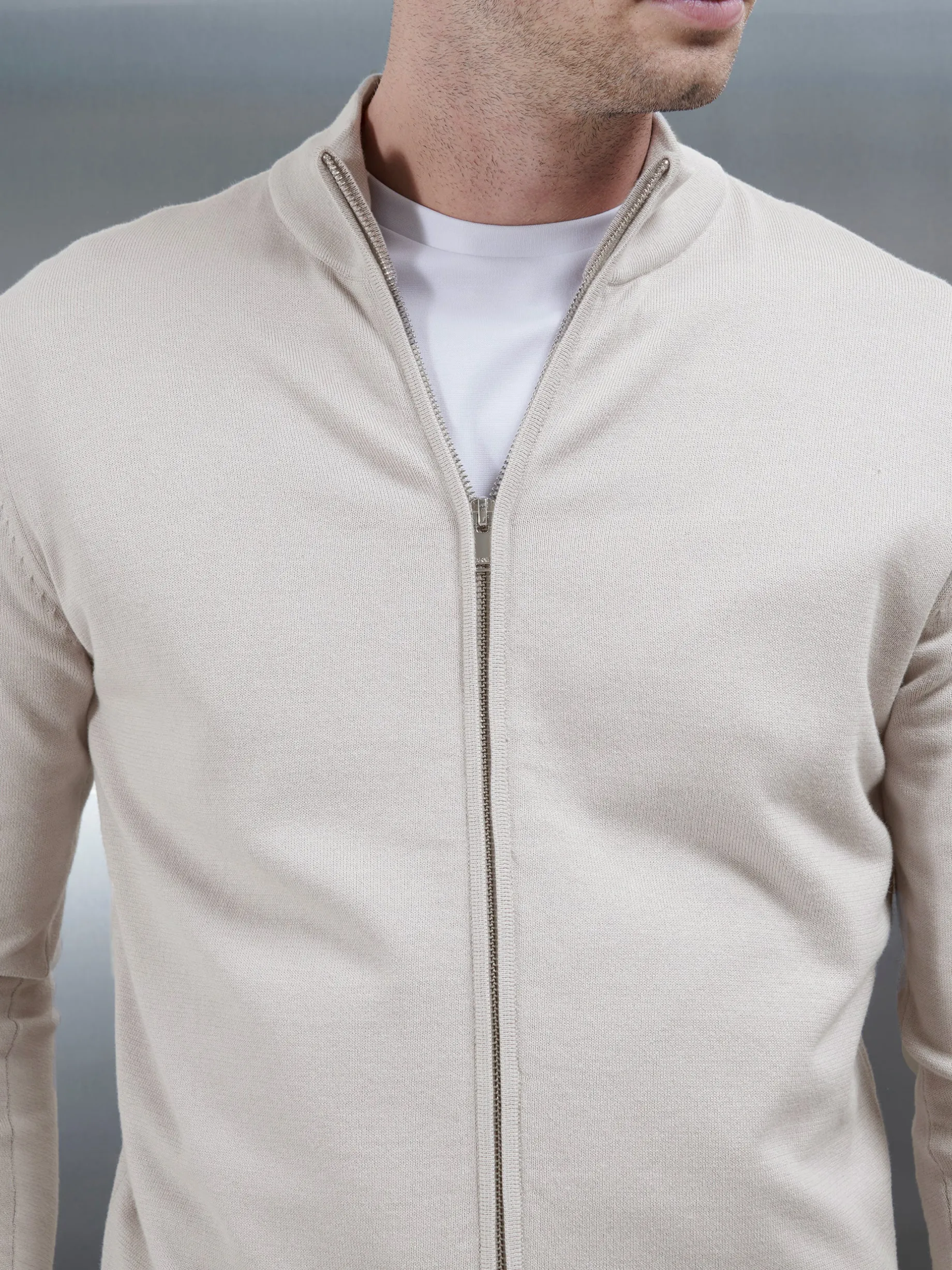 Cotton Knitted Zip Through Jacket - Stone