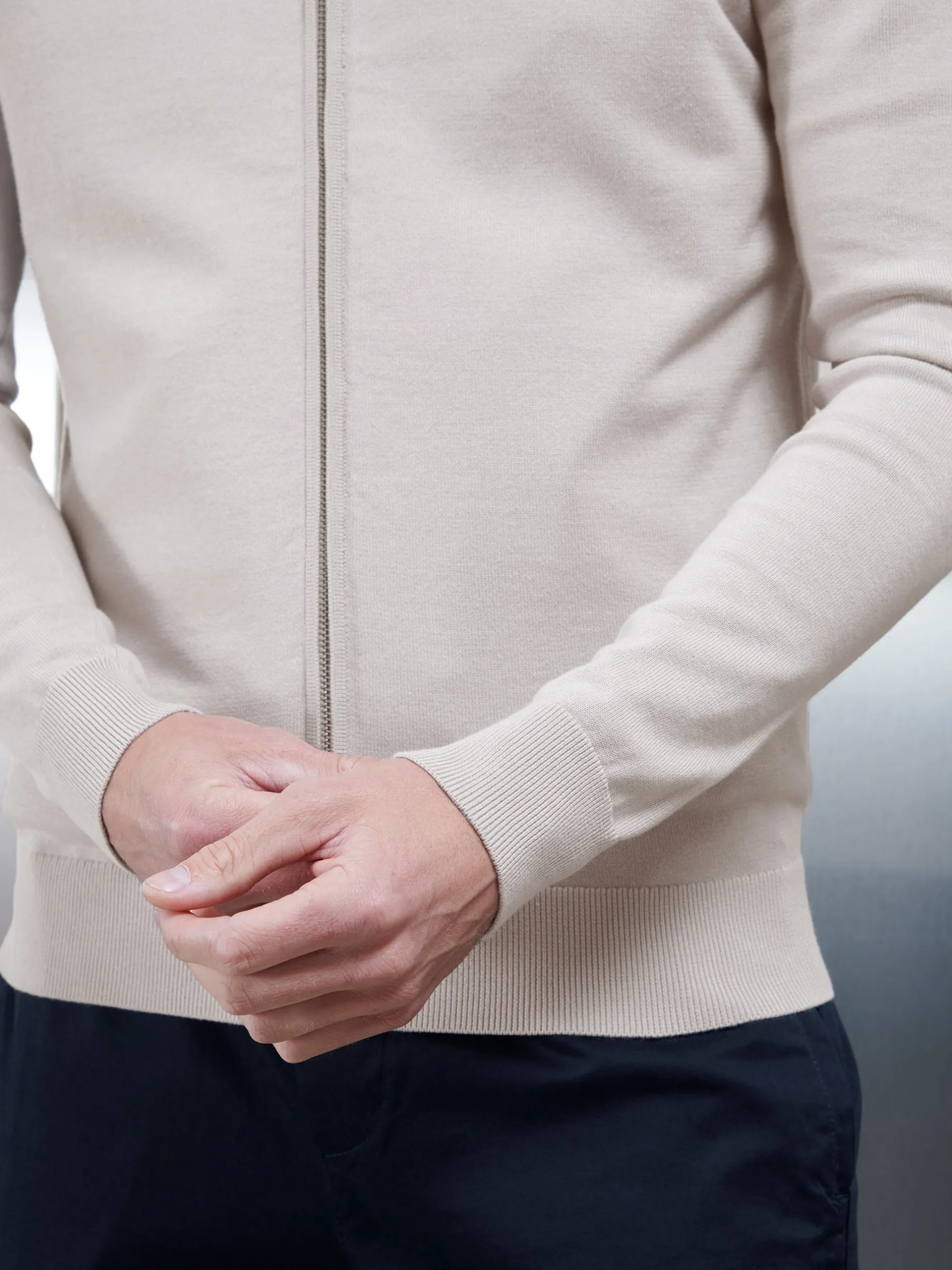 Cotton Knitted Zip Through Jacket - Stone