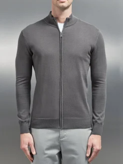 Cotton Knitted Zip Through Jacket - Grey