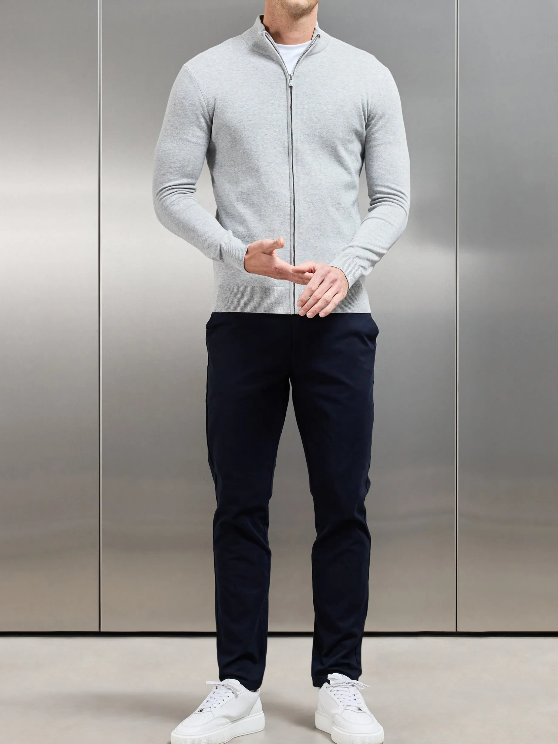 Cotton Knitted Zip Through Jacket - Marl Grey