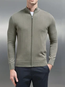 Cotton Knitted Zip Through Jacket - Sage