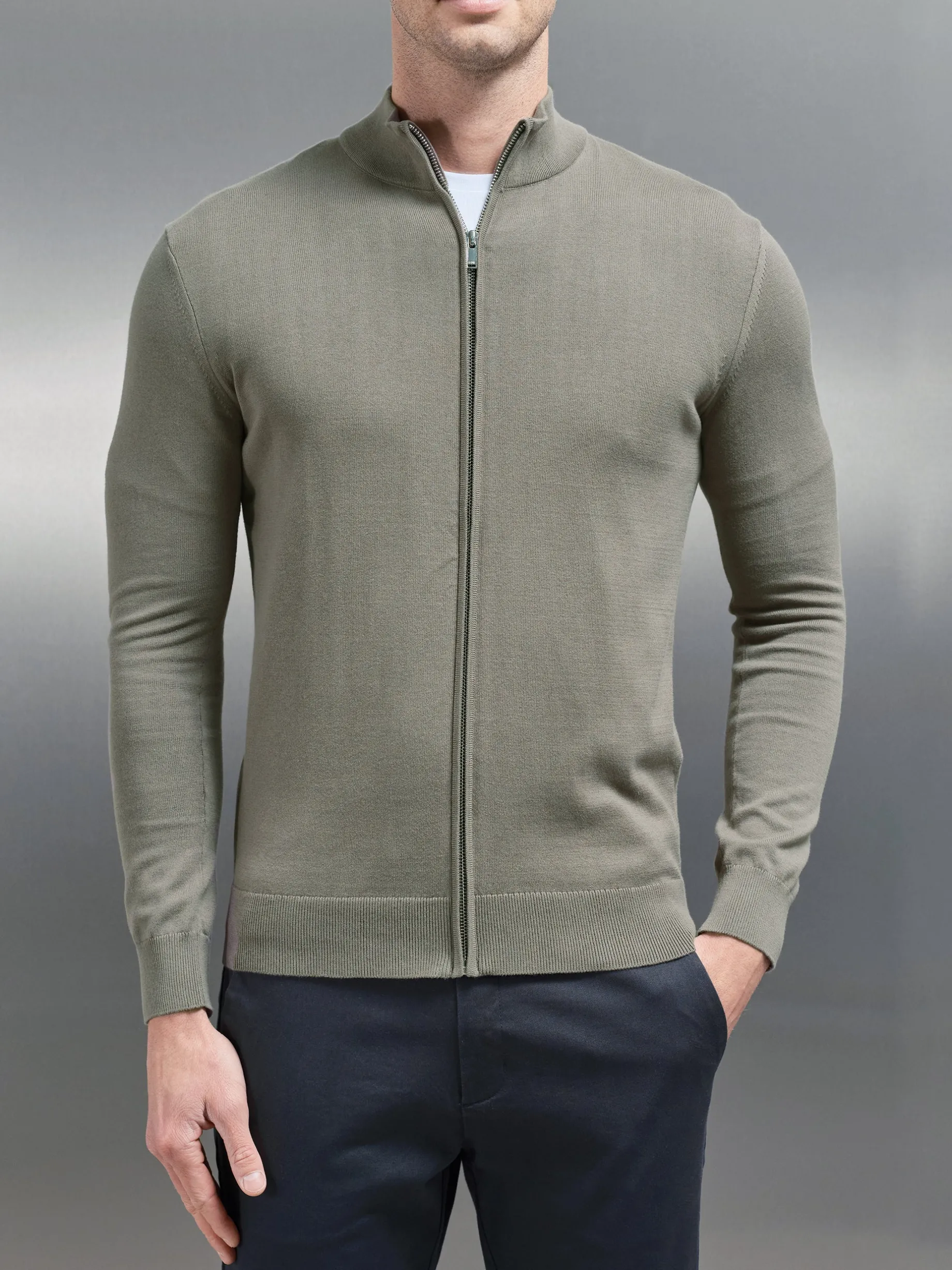 Cotton Knitted Zip Through Jacket - Sage