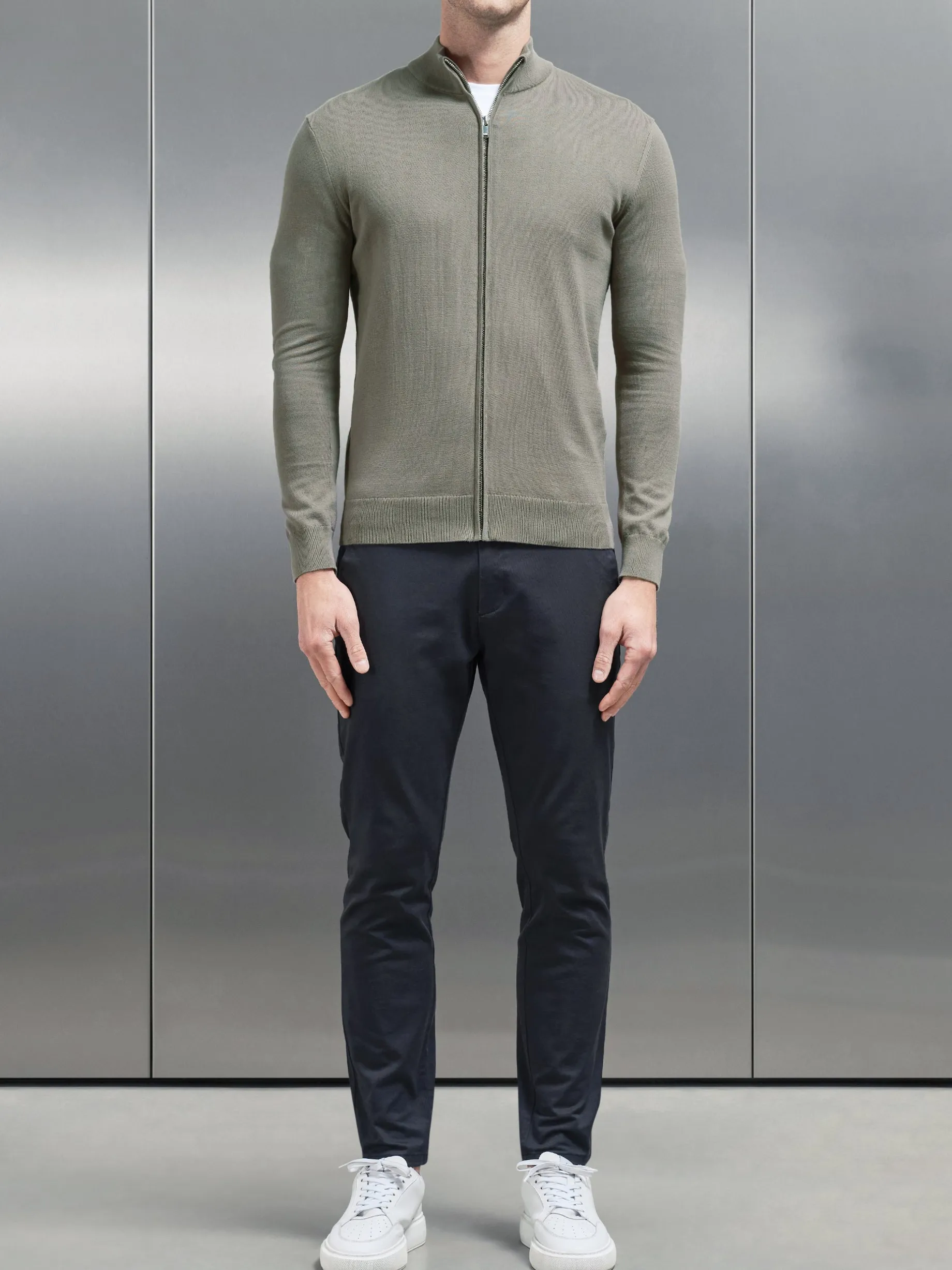 Cotton Knitted Zip Through Jacket - Sage