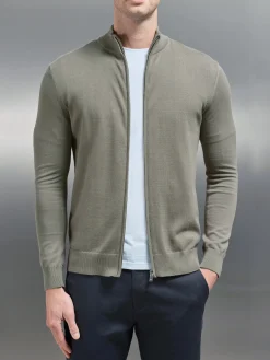 Cotton Knitted Zip Through Jacket - Sage