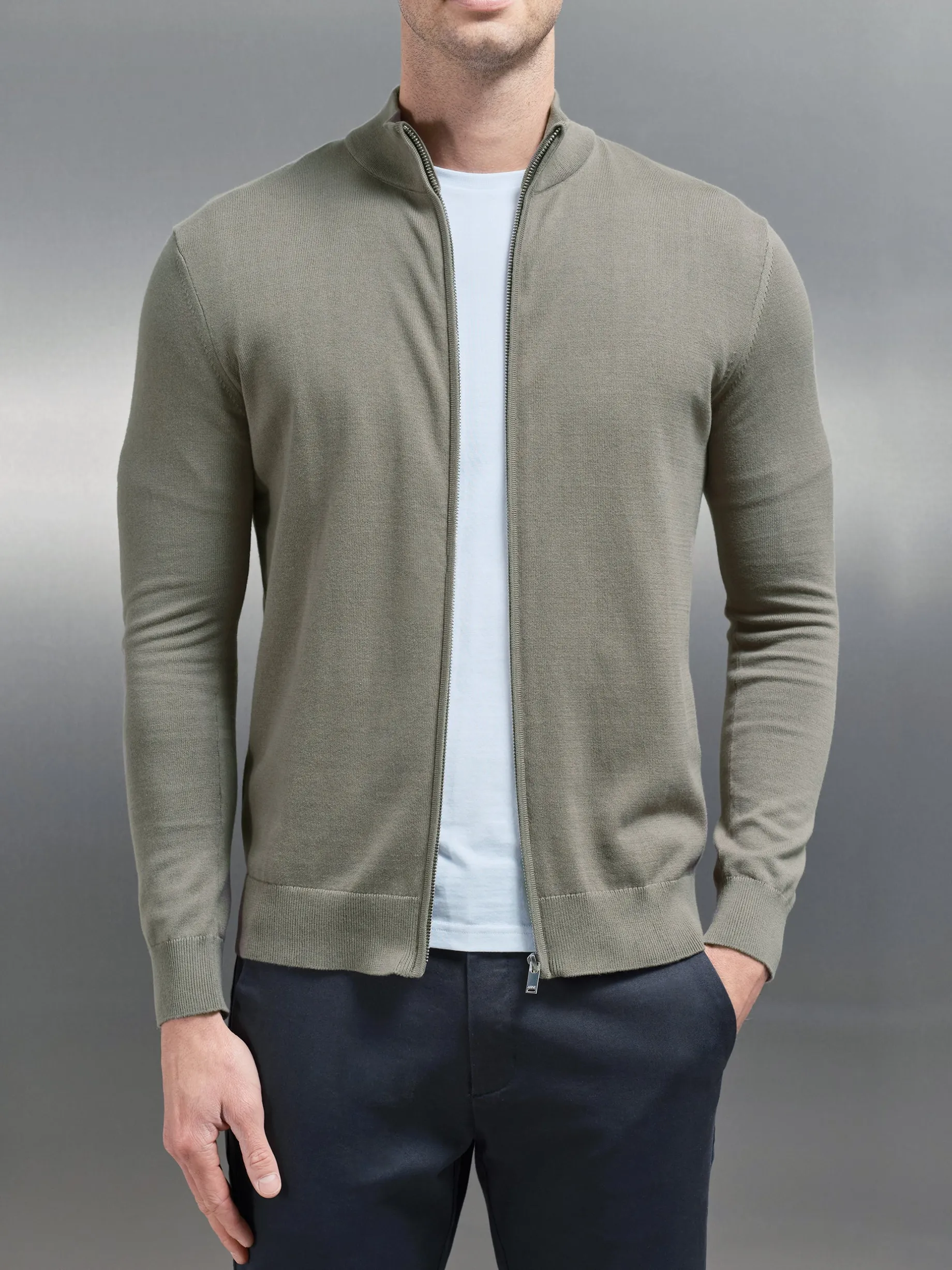 Cotton Knitted Zip Through Jacket - Sage
