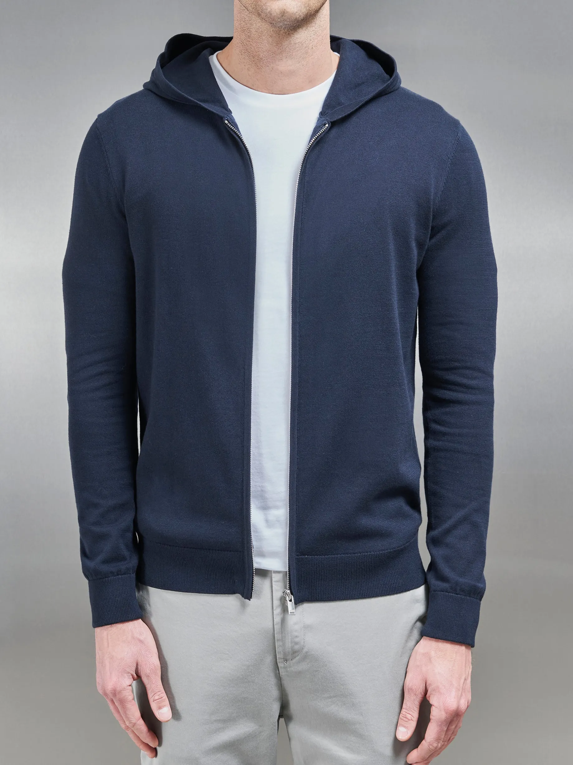 Cotton Knitted Zip Through Hoodie - Navy