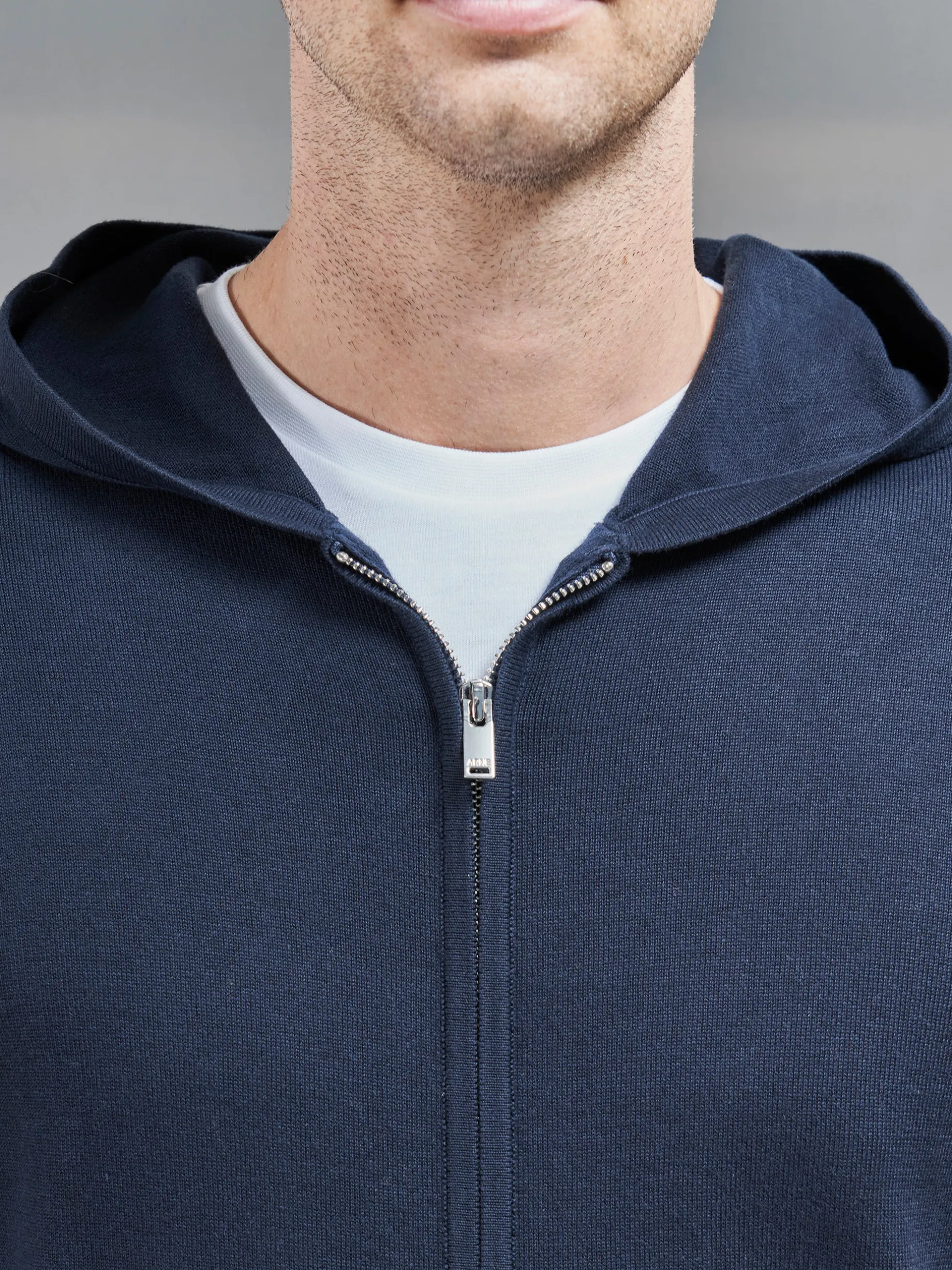 Cotton Knitted Zip Through Hoodie - Navy