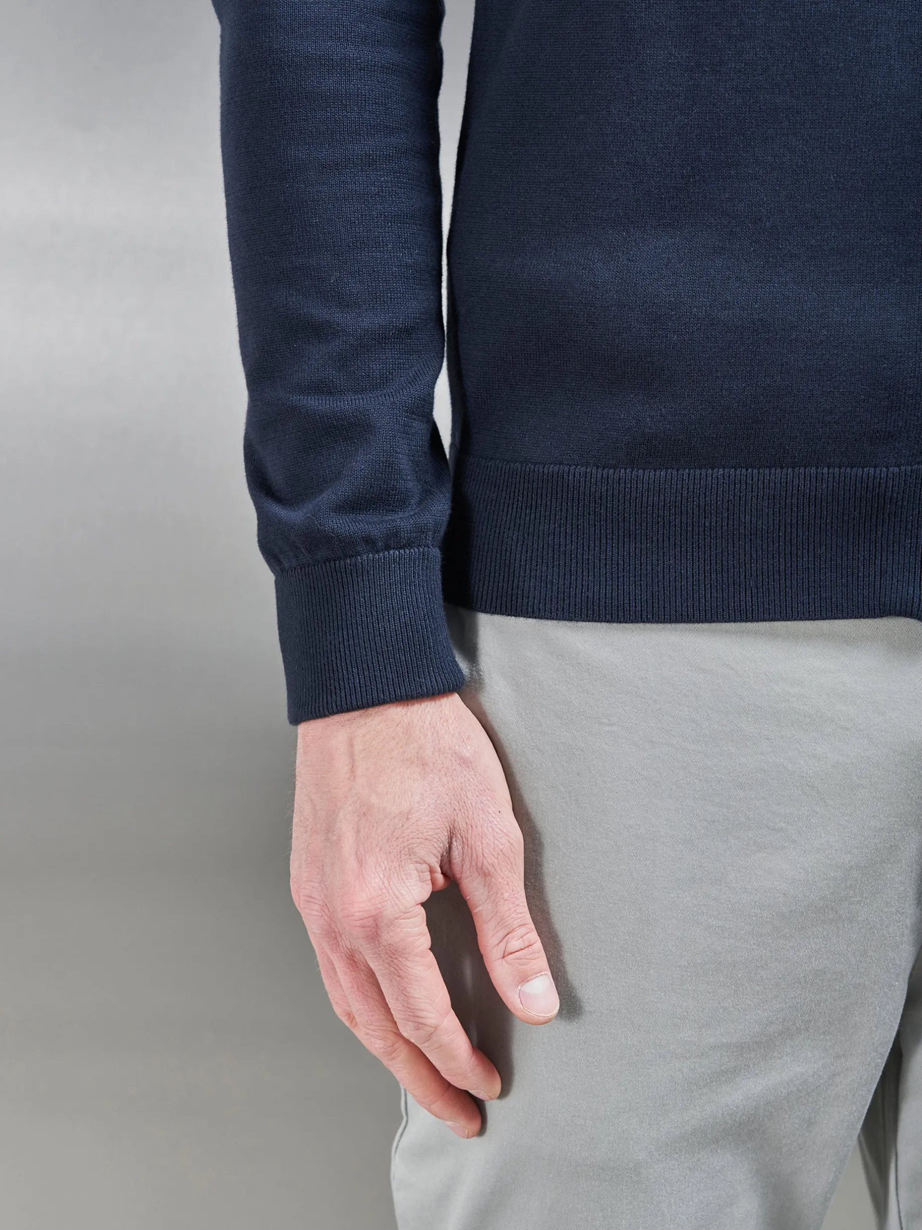 Cotton Knitted Zip Through Hoodie - Navy