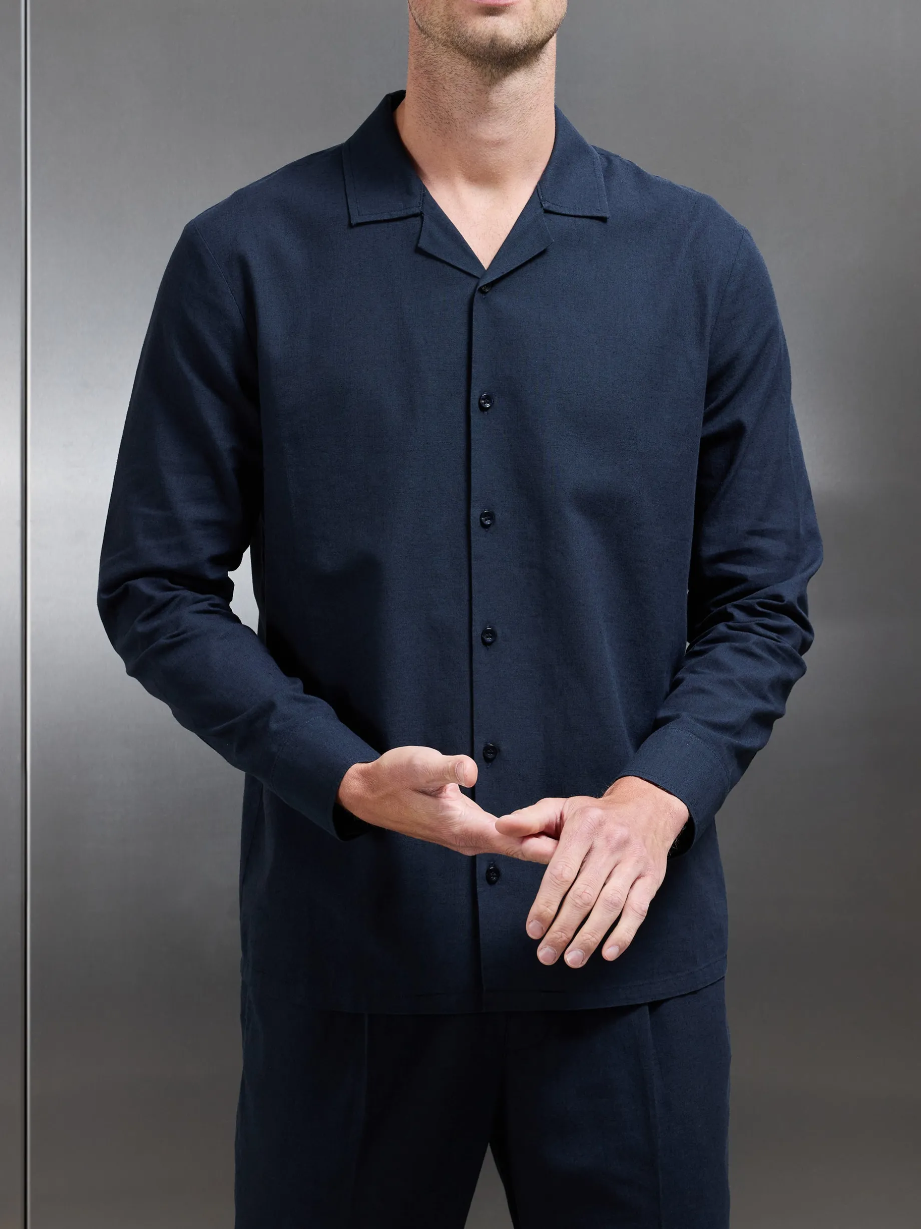 Cotton Linen Revere Collar Long Sleeve Shirt - Navy