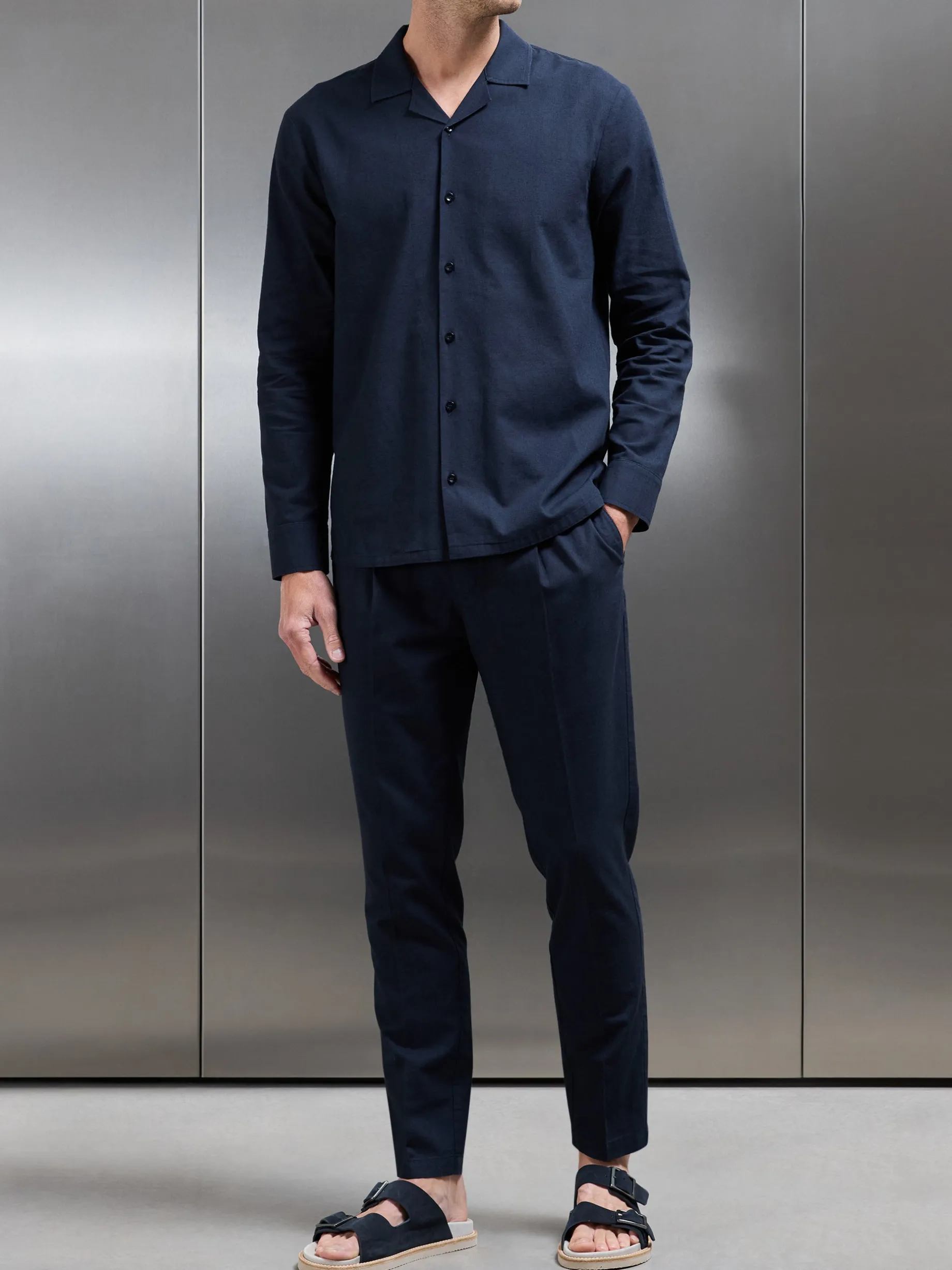 Cotton Linen Revere Collar Long Sleeve Shirt - Navy