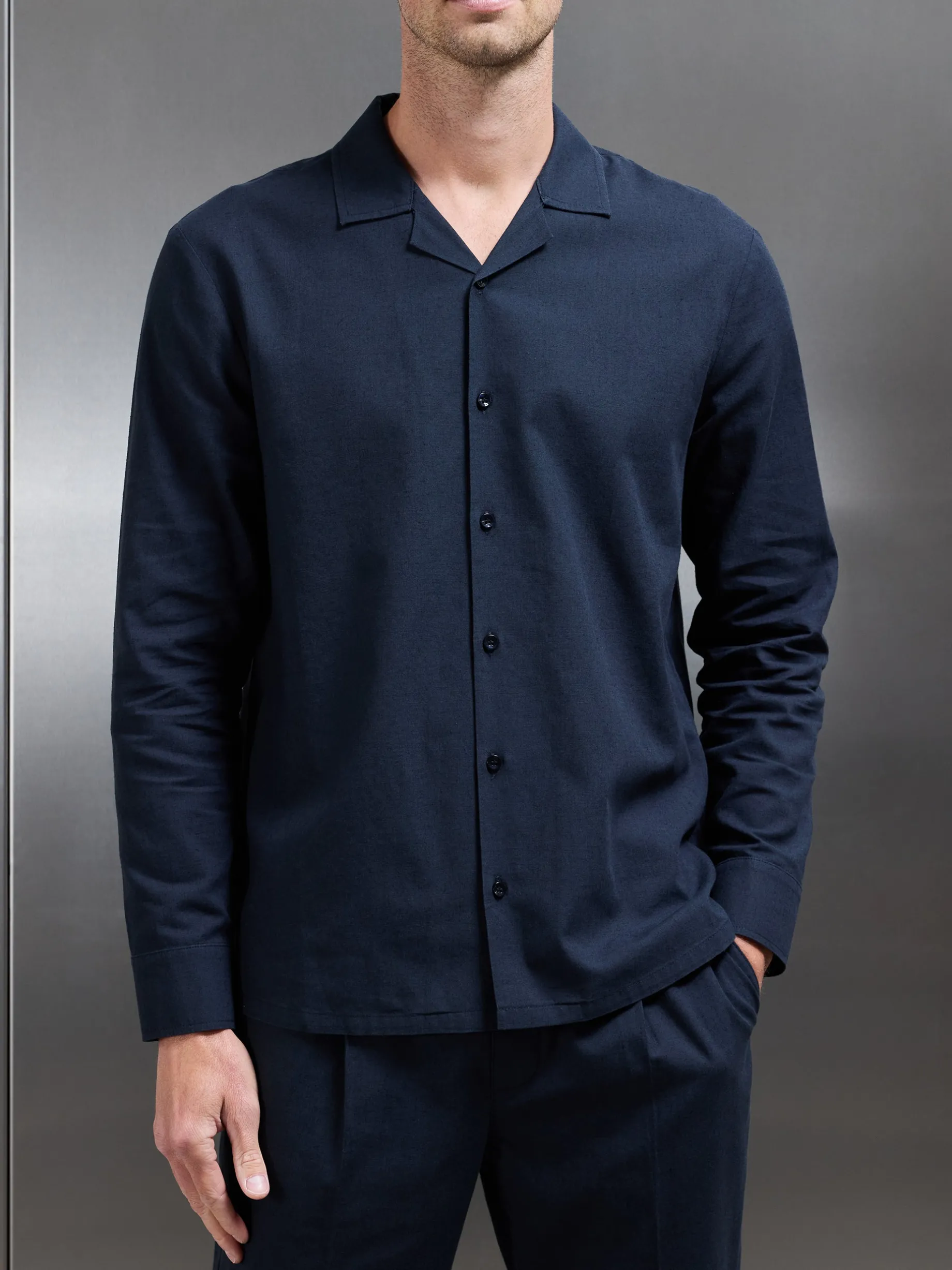 Cotton Linen Revere Collar Long Sleeve Shirt - Navy