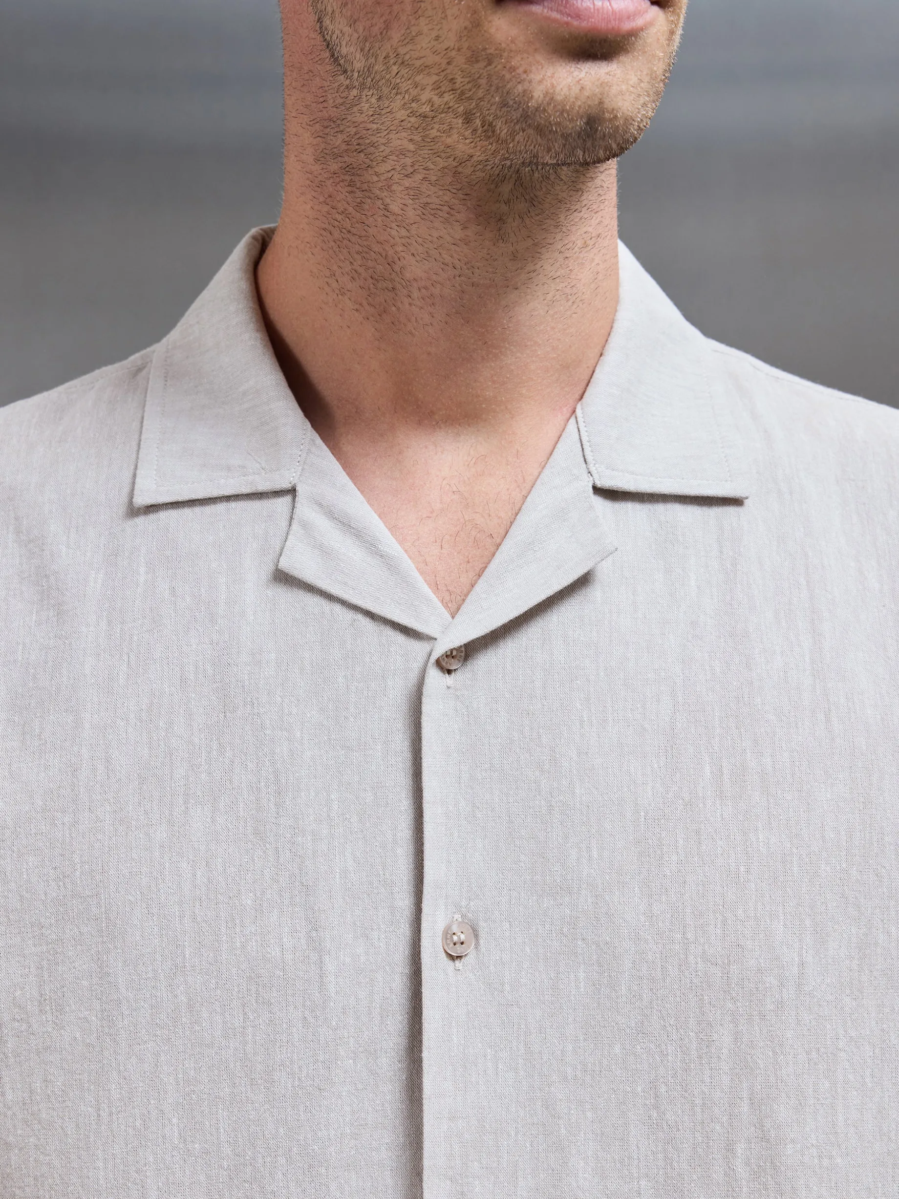 Cotton Linen Revere Collar Long Sleeve Shirt - Stone